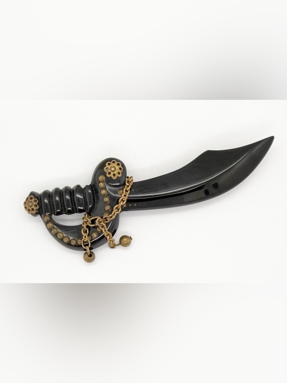 Large Vintage Art Deco Black Bakelite Brass Chain Pirate Sword Brooch Scarf Pin